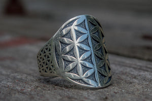 Flower of Life Symbol Ring Sterling Silver Unique Jewelry - vikingworkshop