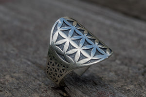 Flower of Life Symbol Ring Sterling Silver Unique Jewelry - vikingworkshop