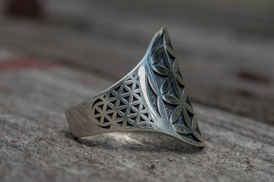 Flower of Life Symbol Ring Sterling Silver Unique Jewelry - vikingworkshop