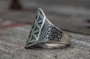 Flower of Life Symbol Ring Sterling Silver Unique Jewelry - vikingworkshop