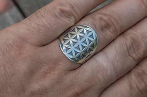 Flower of Life Symbol Ring Sterling Silver Unique Jewelry - vikingworkshop