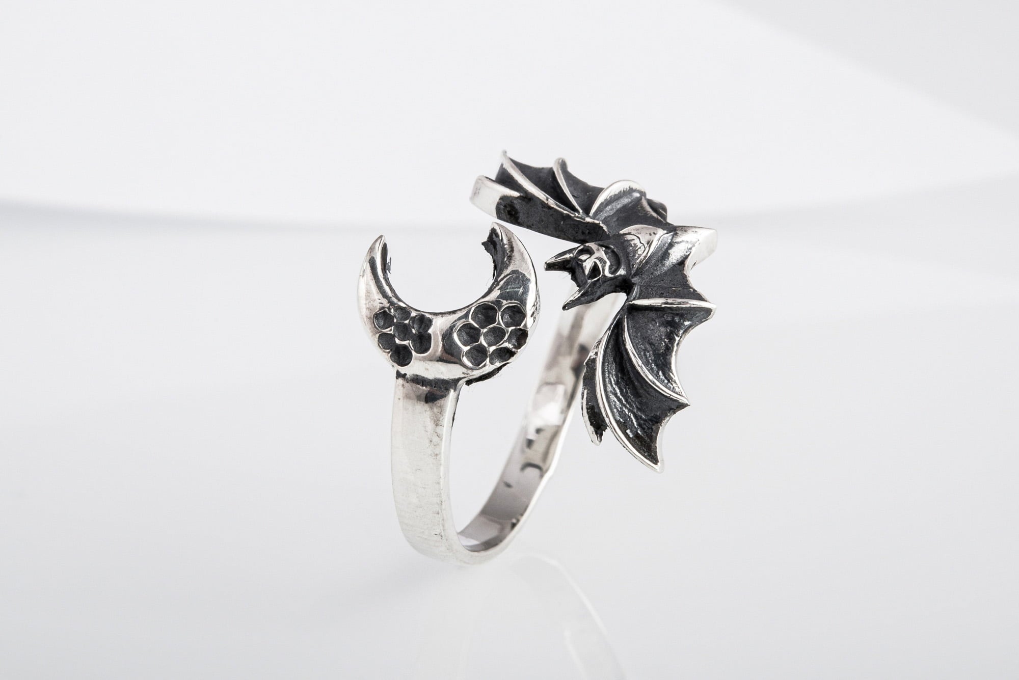 Halloween Ring with Bat and Moon Sterling Silver Jewelry - vikingworkshop