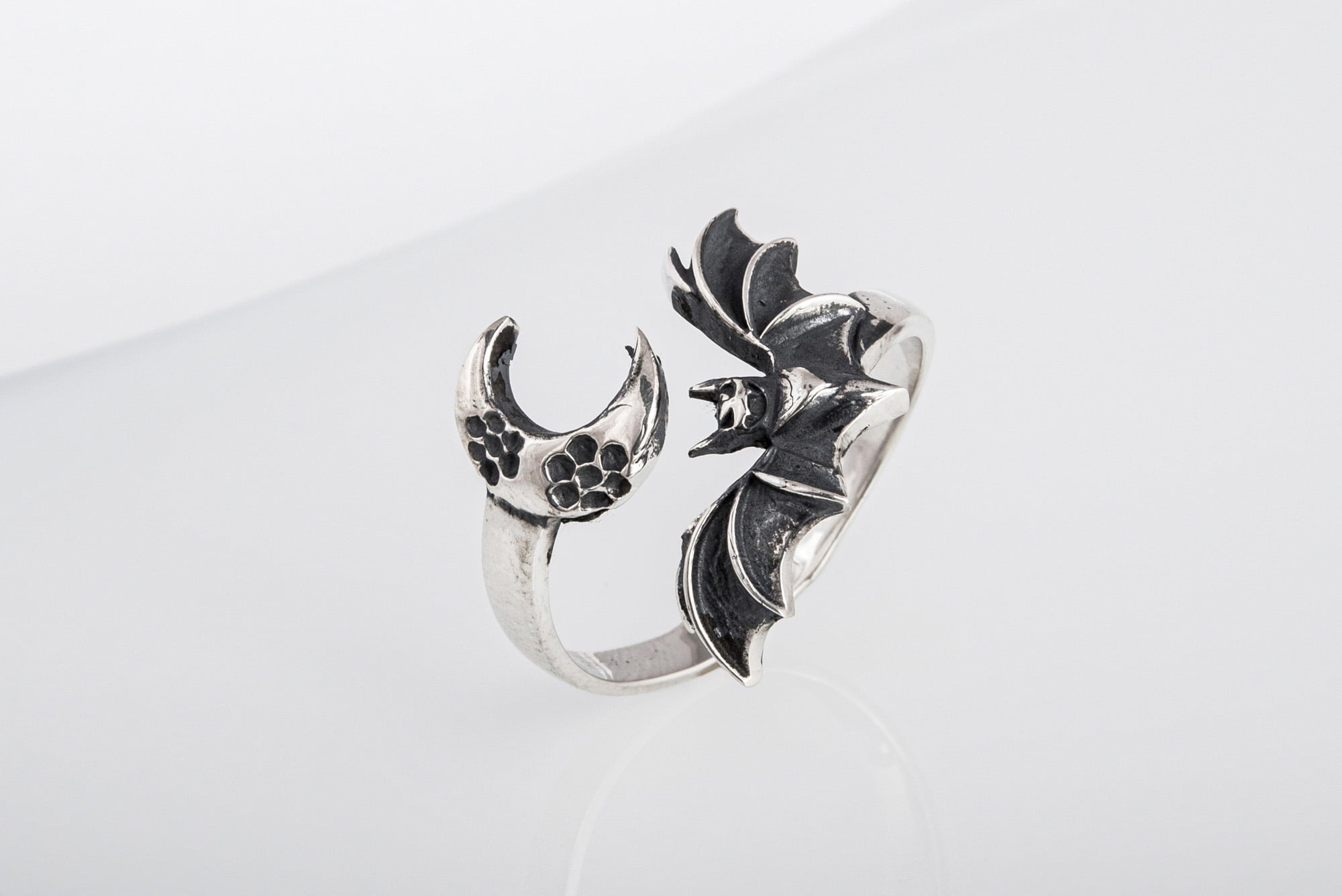 Halloween Ring with Bat and Moon Sterling Silver Jewelry - vikingworkshop