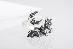 Halloween Ring with Bat and Moon Sterling Silver Jewelry - vikingworkshop