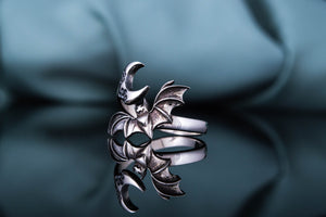 Halloween Ring with Bat and Moon Sterling Silver Jewelry - vikingworkshop