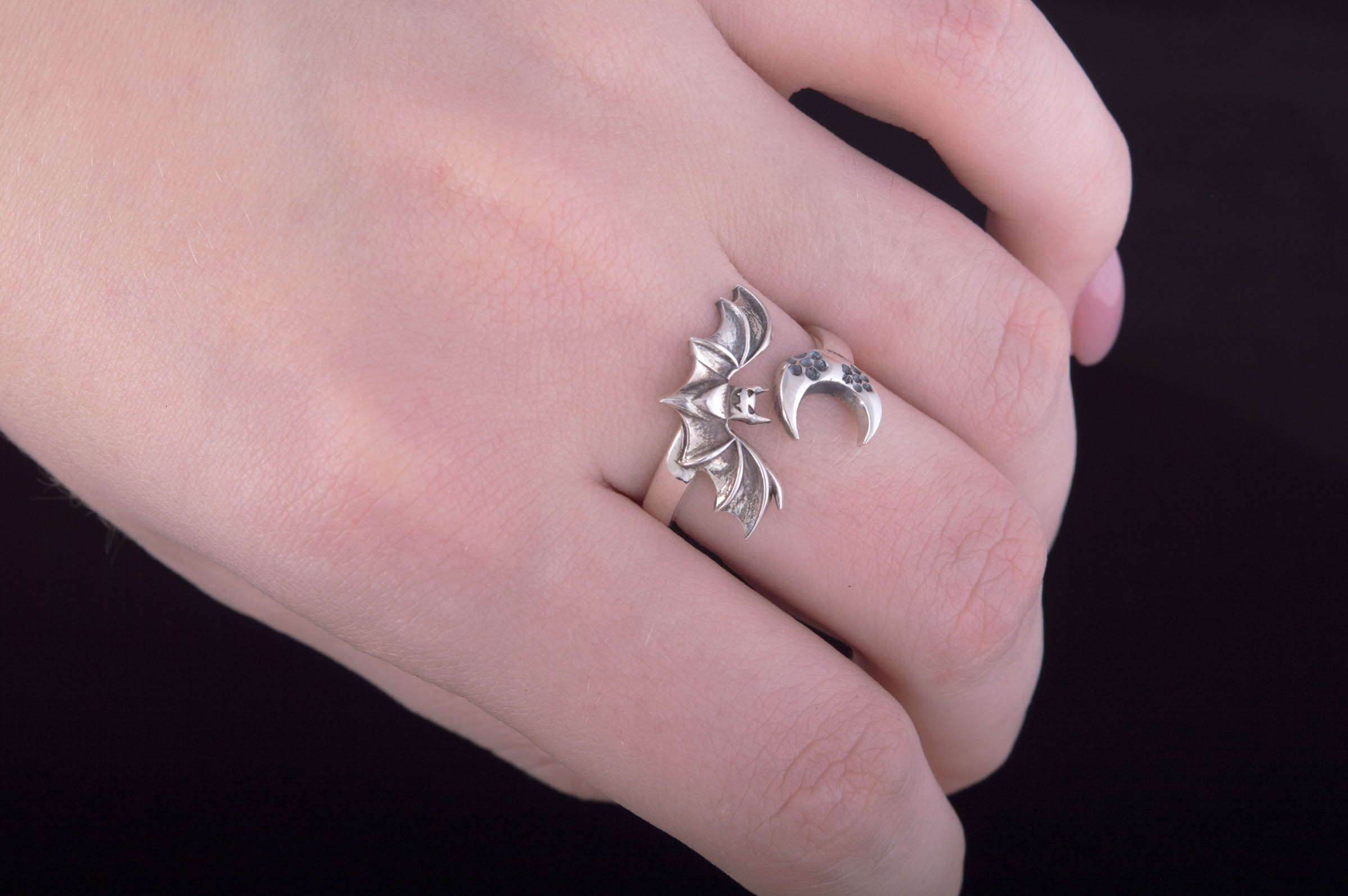 Halloween Ring with Bat and Moon Sterling Silver Jewelry - vikingworkshop