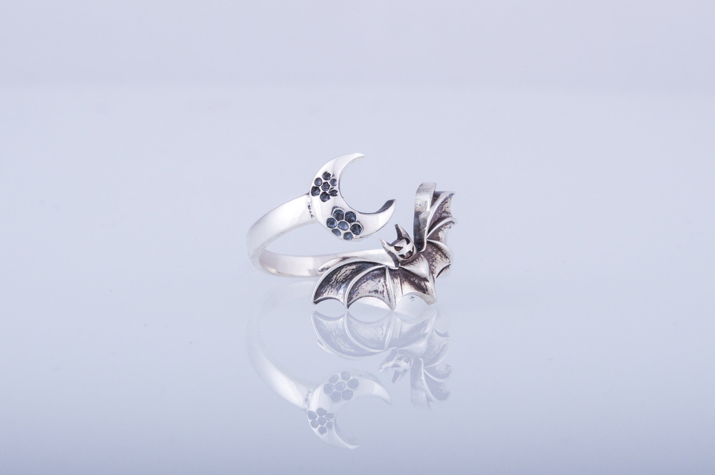 Halloween Ring with Bat and Moon Sterling Silver Jewelry - vikingworkshop