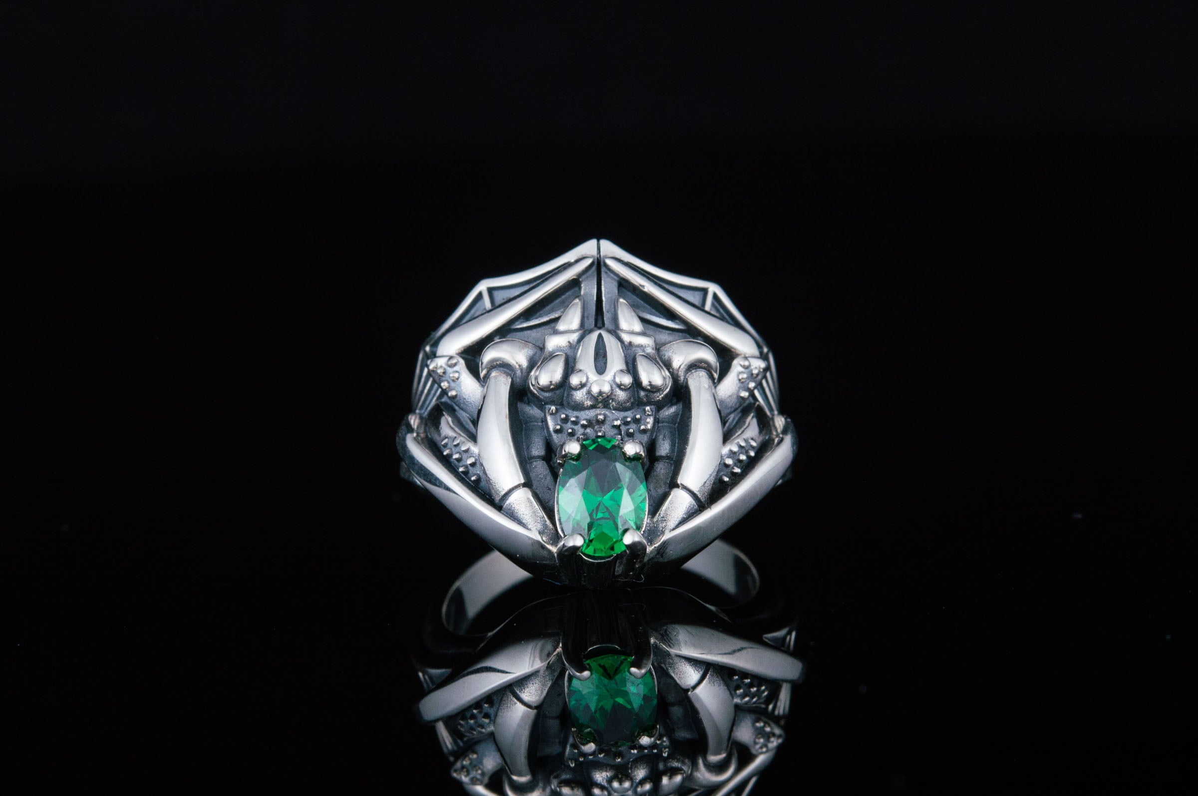 Ring with Spider AndGreen Cubic Zirconia Sterling Silver Jewelry - vikingworkshop