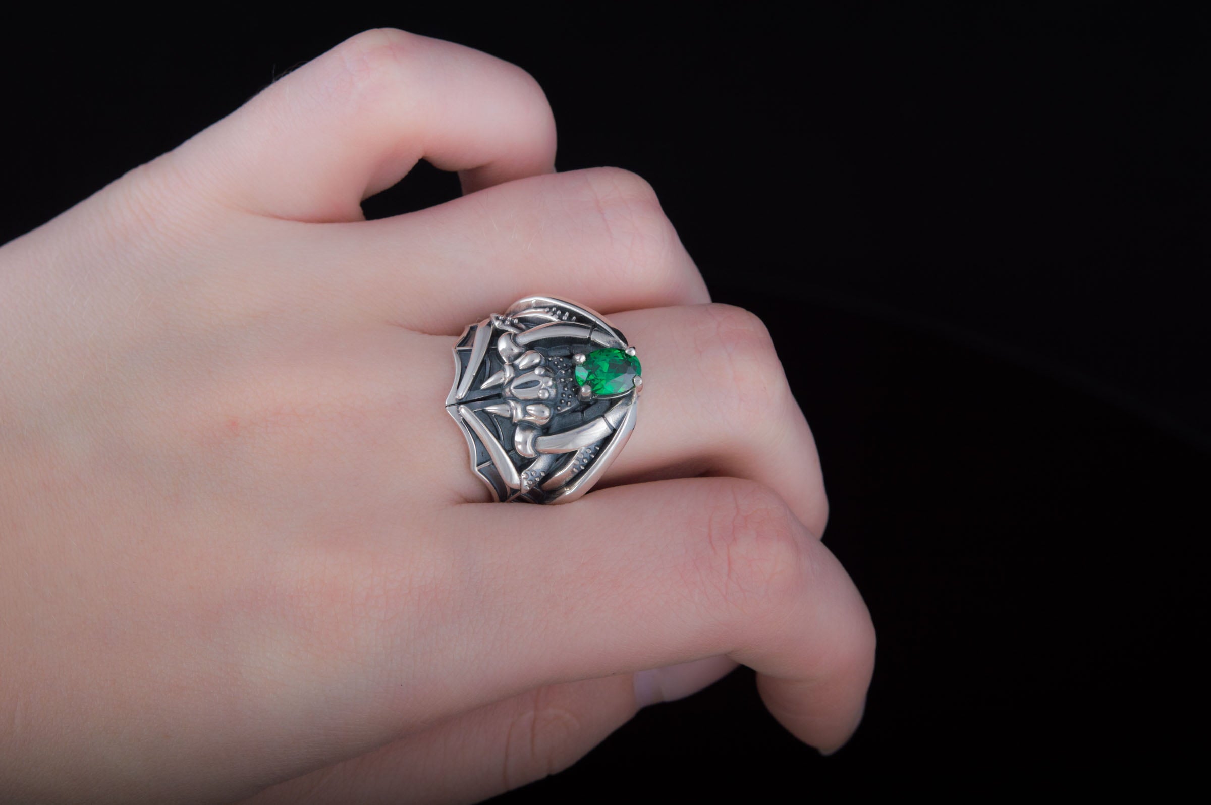 Ring with Spider AndGreen Cubic Zirconia Sterling Silver Jewelry - vikingworkshop