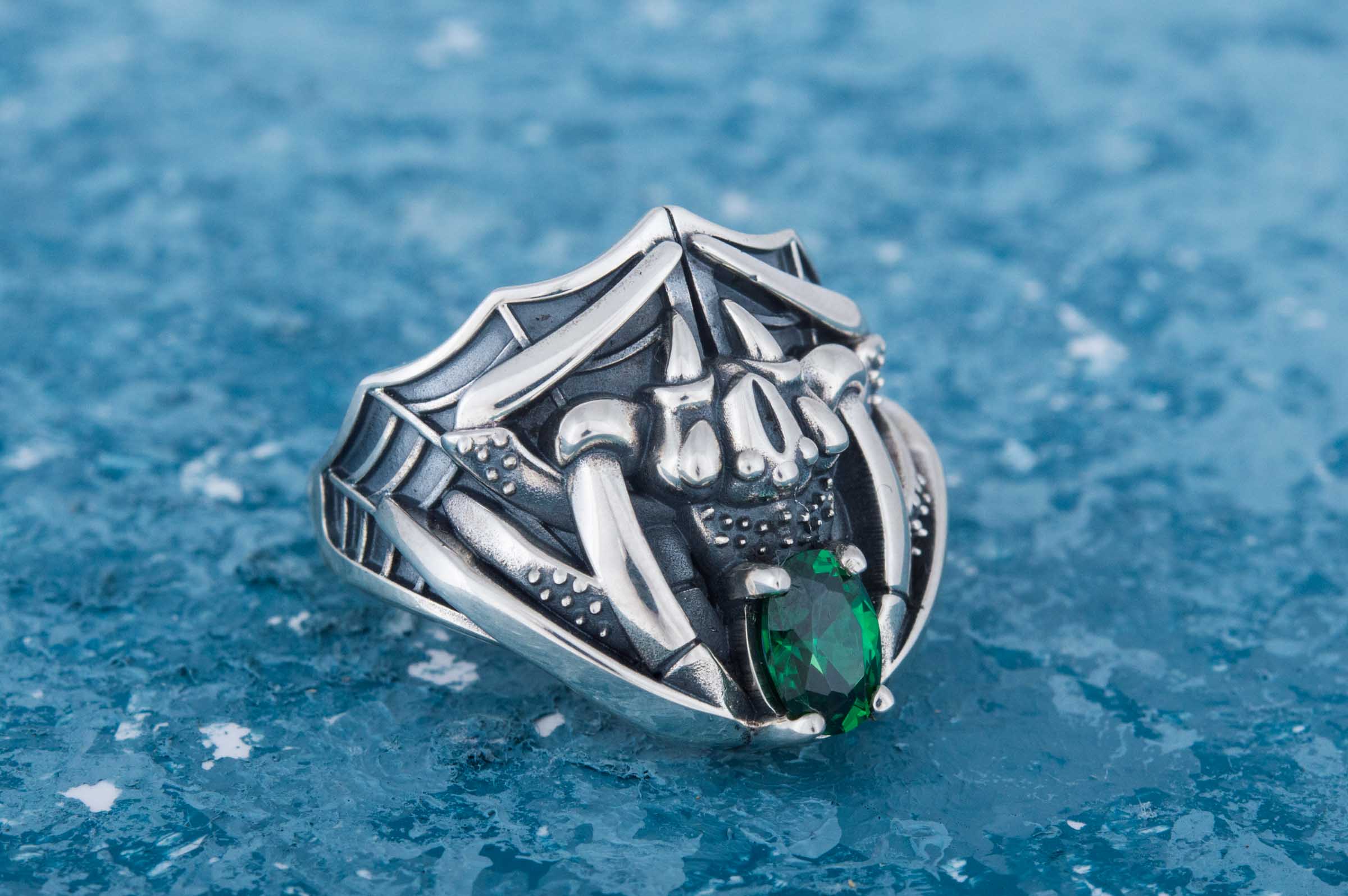 Ring with Spider AndGreen Cubic Zirconia Sterling Silver Jewelry - vikingworkshop