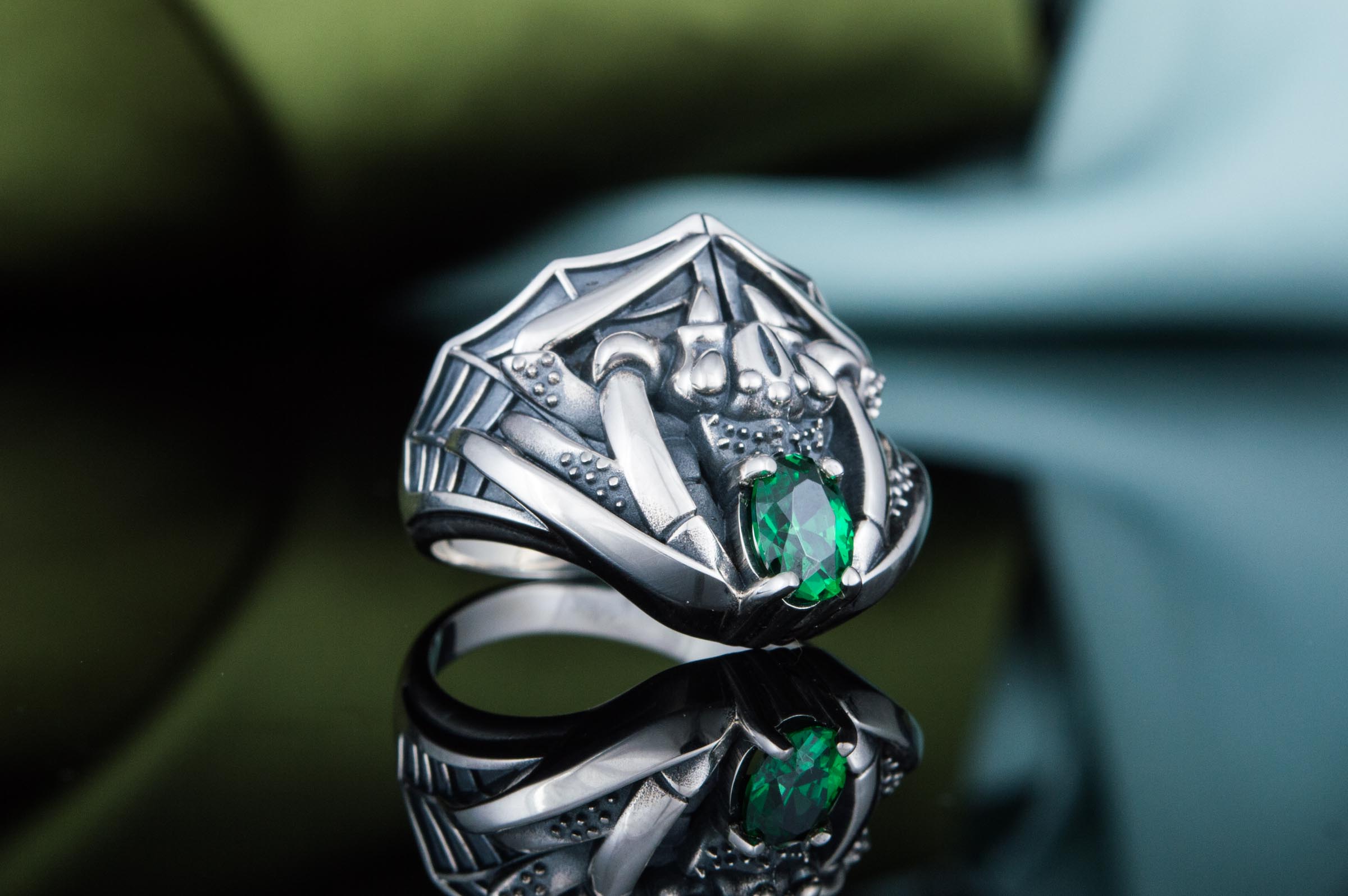 Ring with Spider AndGreen Cubic Zirconia Sterling Silver Jewelry - vikingworkshop