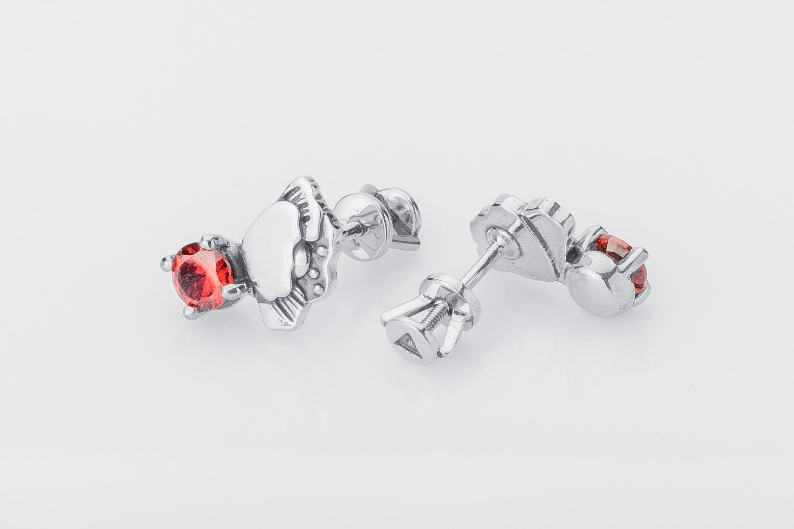 Poppy Flower Earrings with Red Gem, 925 silver - vikingworkshop