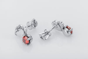 Poppy Flower Earrings with Red Gem, 925 silver - vikingworkshop