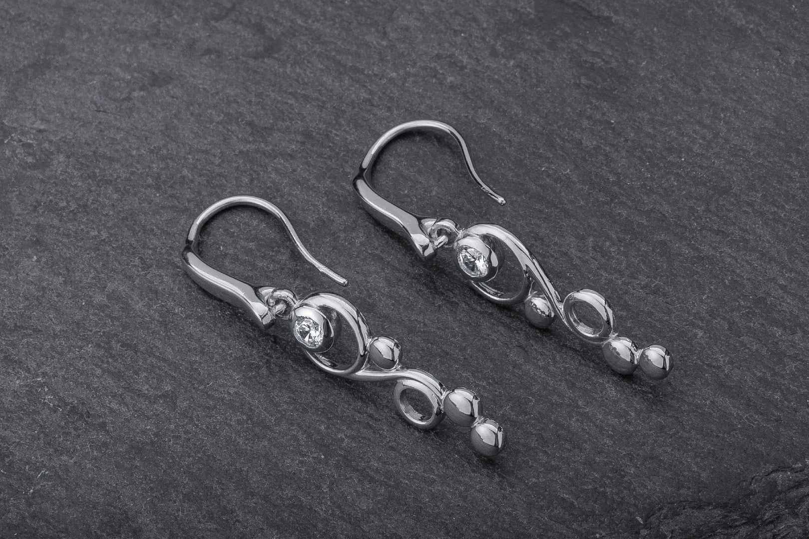 O2 Bubbles Spiral Earrings with Gems, Rhodium Plated 925 Silver - vikingworkshop