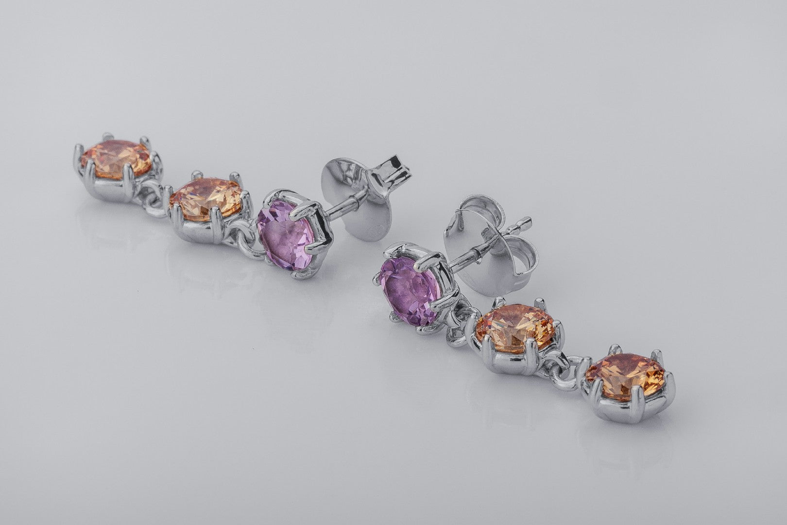 Bright Personality Earrings with Purple and Orange Gems, Rhodium Plated 925 Silver - vikingworkshop