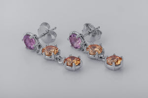 Bright Personality Earrings with Purple and Orange Gems, Rhodium Plated 925 Silver - vikingworkshop