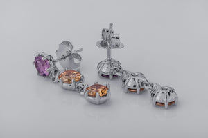 Bright Personality Earrings with Purple and Orange Gems, Rhodium Plated 925 Silver - vikingworkshop