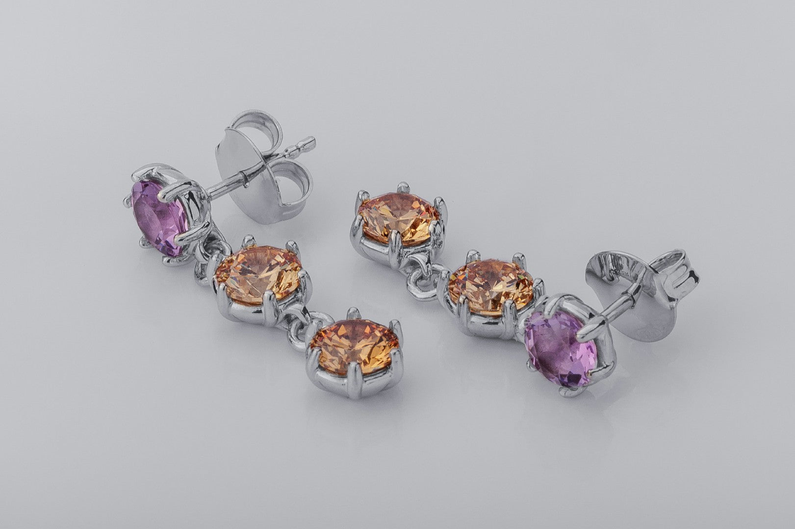 Bright Personality Earrings with Purple and Orange Gems, Rhodium Plated 925 Silver - vikingworkshop