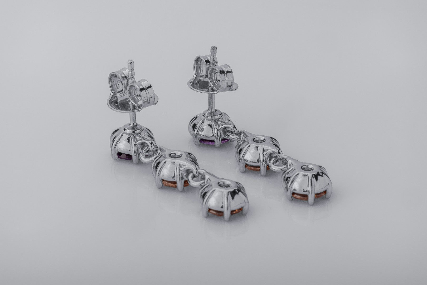 Bright Personality Earrings with Purple and Orange Gems, Rhodium Plated 925 Silver - vikingworkshop