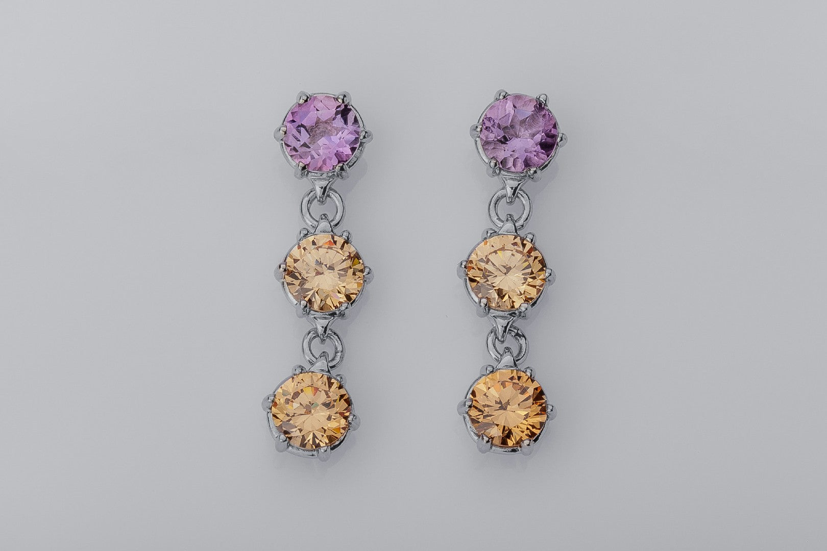 Bright Personality Earrings with Purple and Orange Gems, Rhodium Plated 925 Silver - vikingworkshop