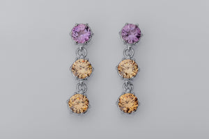 Bright Personality Earrings with Purple and Orange Gems, Rhodium Plated 925 Silver - vikingworkshop