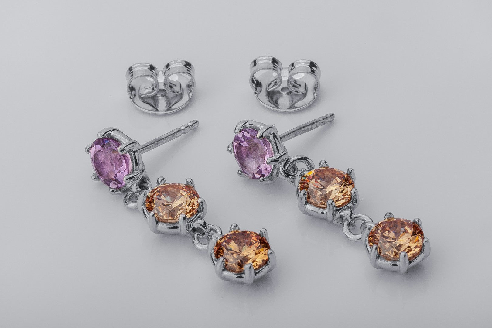 Bright Personality Earrings with Purple and Orange Gems, Rhodium Plated 925 Silver - vikingworkshop