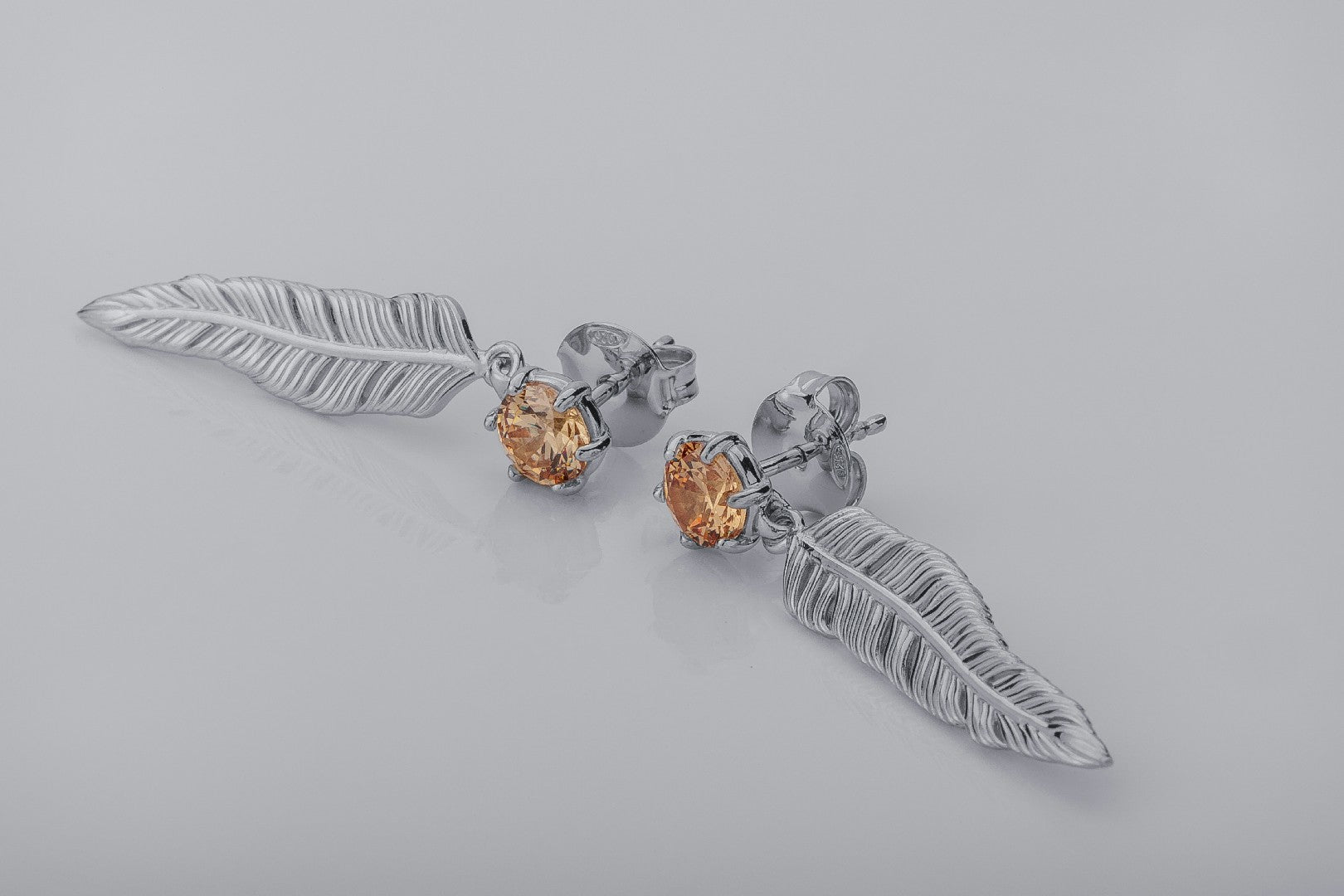 Creative Personality Feather Earrings with Orange Gems, Rhodium Plated 925 Silver - vikingworkshop