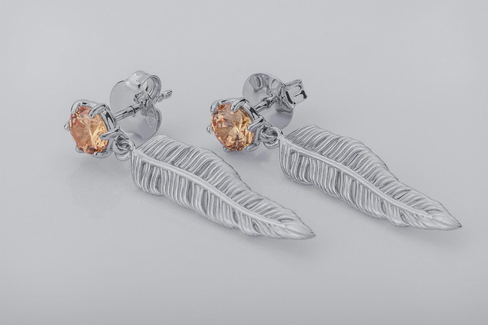 Creative Personality Feather Earrings with Orange Gems, Rhodium Plated 925 Silver - vikingworkshop