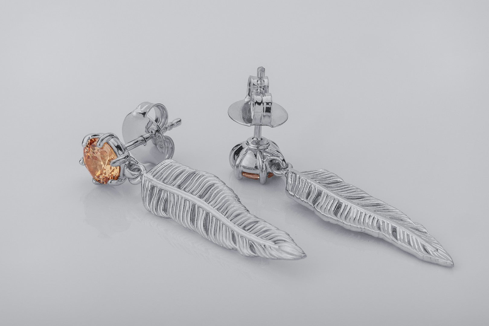 Creative Personality Feather Earrings with Orange Gems, Rhodium Plated 925 Silver - vikingworkshop