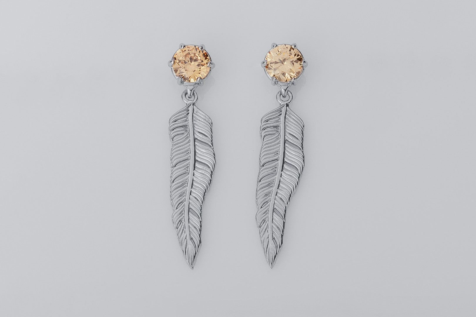 Creative Personality Feather Earrings with Orange Gems, Rhodium Plated 925 Silver - vikingworkshop