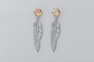 Creative Personality Feather Earrings with Orange Gems, Rhodium Plated 925 Silver - vikingworkshop