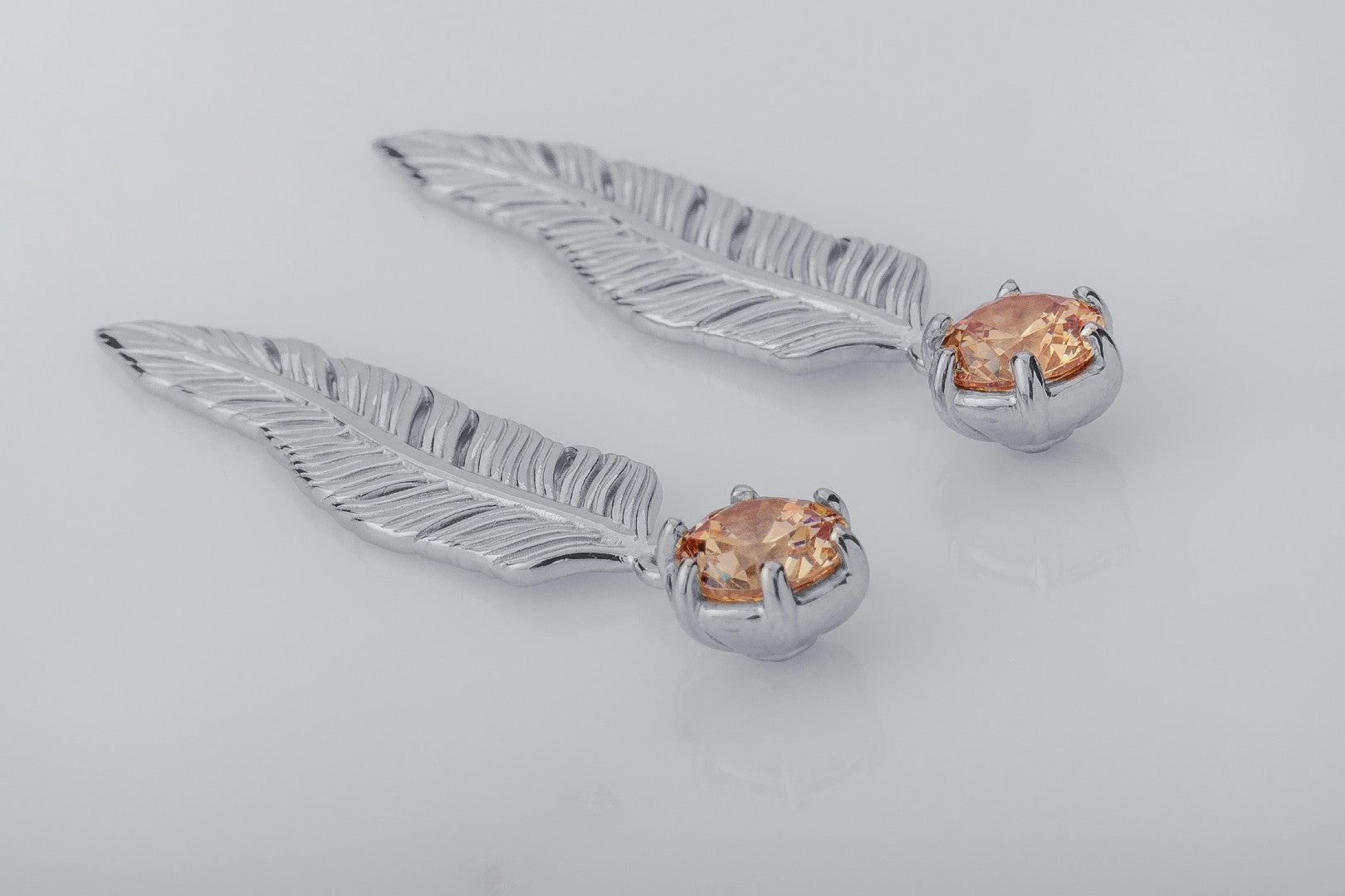 Creative Personality Feather Earrings with Orange Gems, Rhodium Plated 925 Silver - vikingworkshop