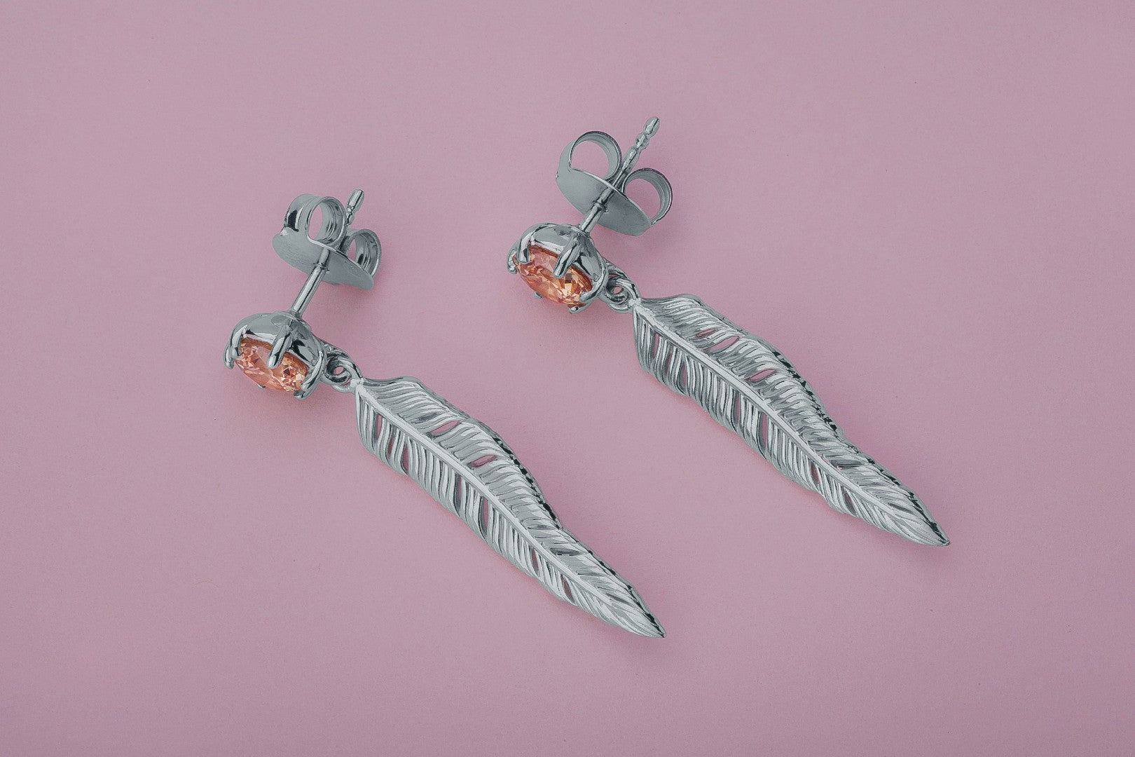 Creative Personality Feather Earrings with Orange Gems, Rhodium Plated 925 Silver - vikingworkshop