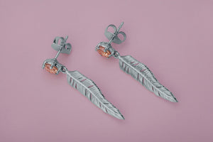 Creative Personality Feather Earrings with Orange Gems, Rhodium Plated 925 Silver - vikingworkshop