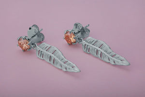 Creative Personality Feather Earrings with Orange Gems, Rhodium Plated 925 Silver - vikingworkshop