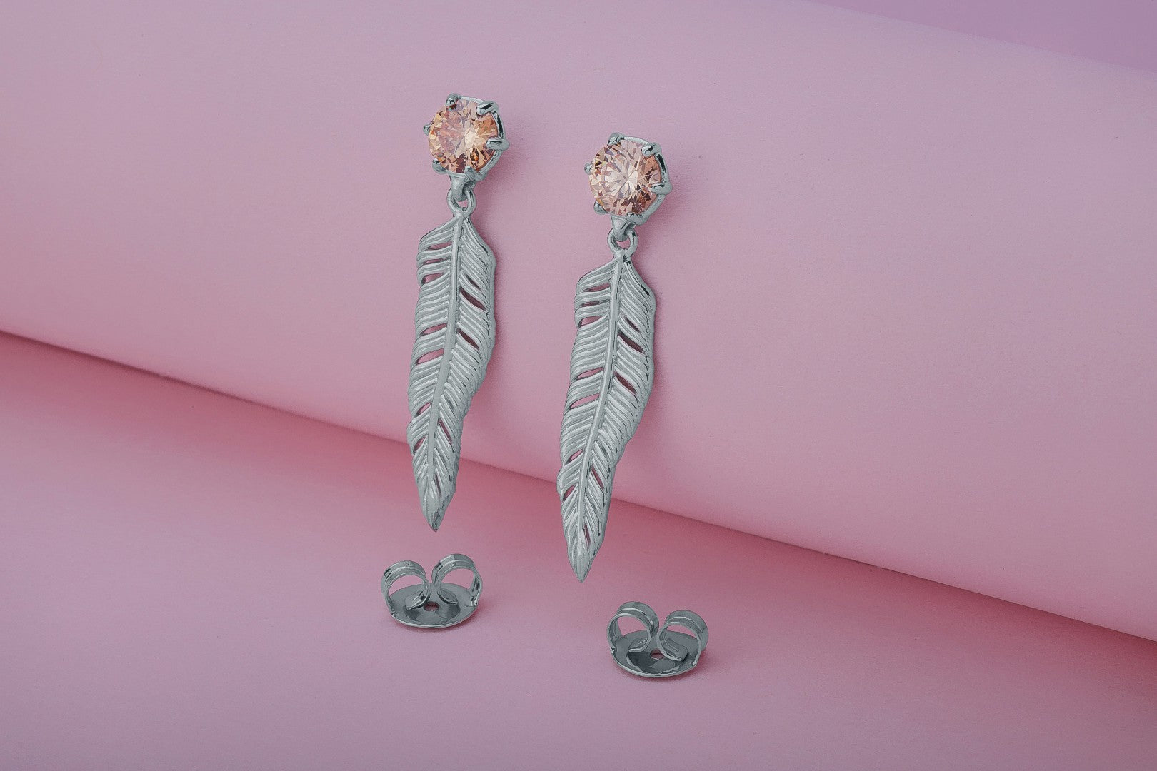 Creative Personality Feather Earrings with Orange Gems, Rhodium Plated 925 Silver - vikingworkshop