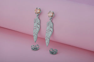 Creative Personality Feather Earrings with Orange Gems, Rhodium Plated 925 Silver - vikingworkshop