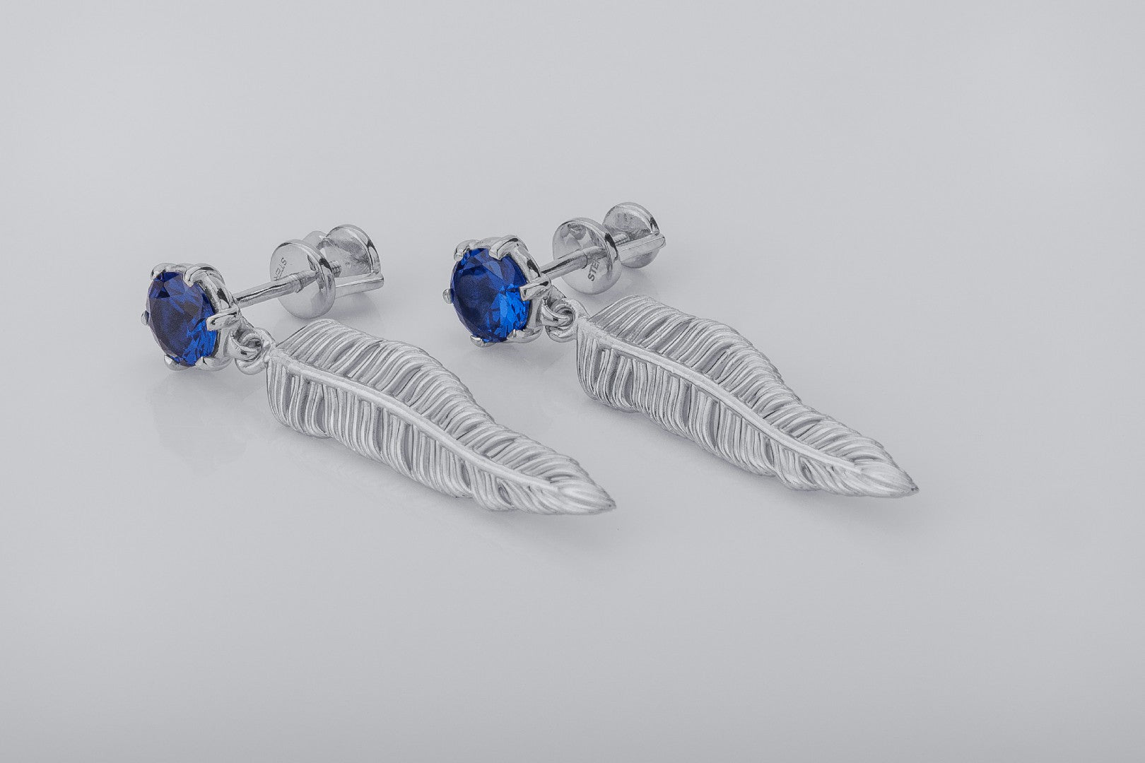 Creative Personality Feather Earrings with Blue Gems, Rhodium Plated 925 Silver - vikingworkshop