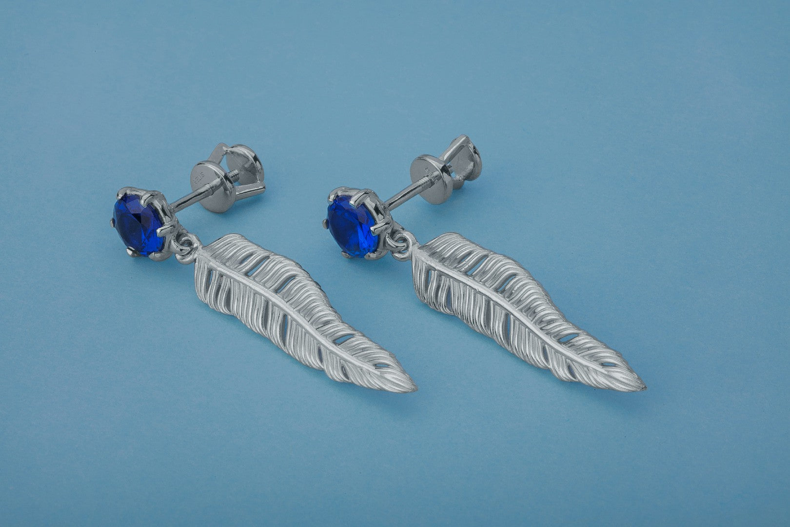 Creative Personality Feather Earrings with Blue Gems, Rhodium Plated 925 Silver - vikingworkshop