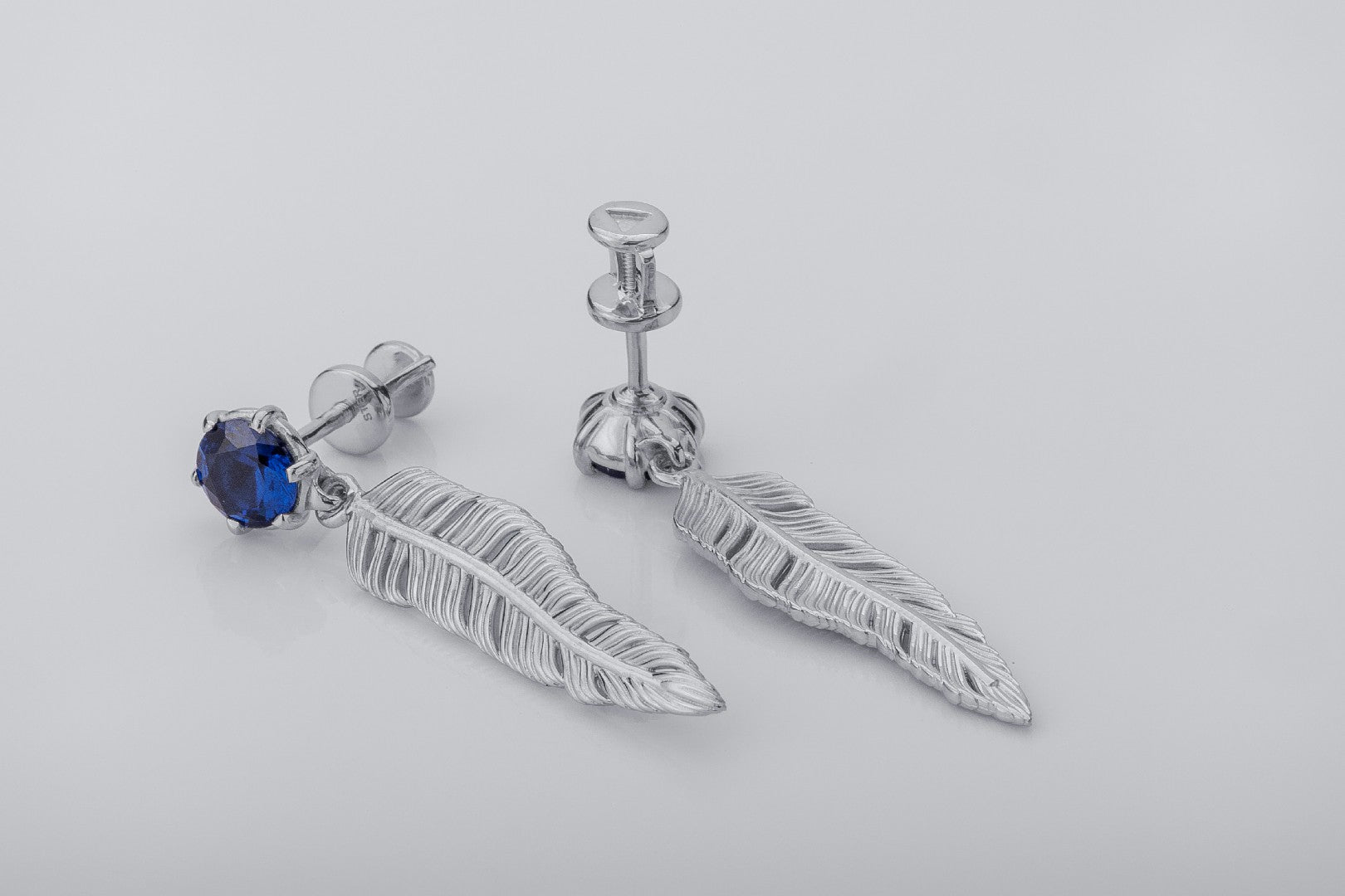 Creative Personality Feather Earrings with Blue Gems, Rhodium Plated 925 Silver - vikingworkshop