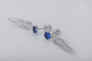 Creative Personality Feather Earrings with Blue Gems, Rhodium Plated 925 Silver - vikingworkshop