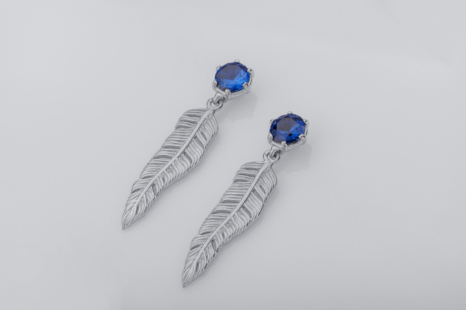 Creative Personality Feather Earrings with Blue Gems, Rhodium Plated 925 Silver - vikingworkshop