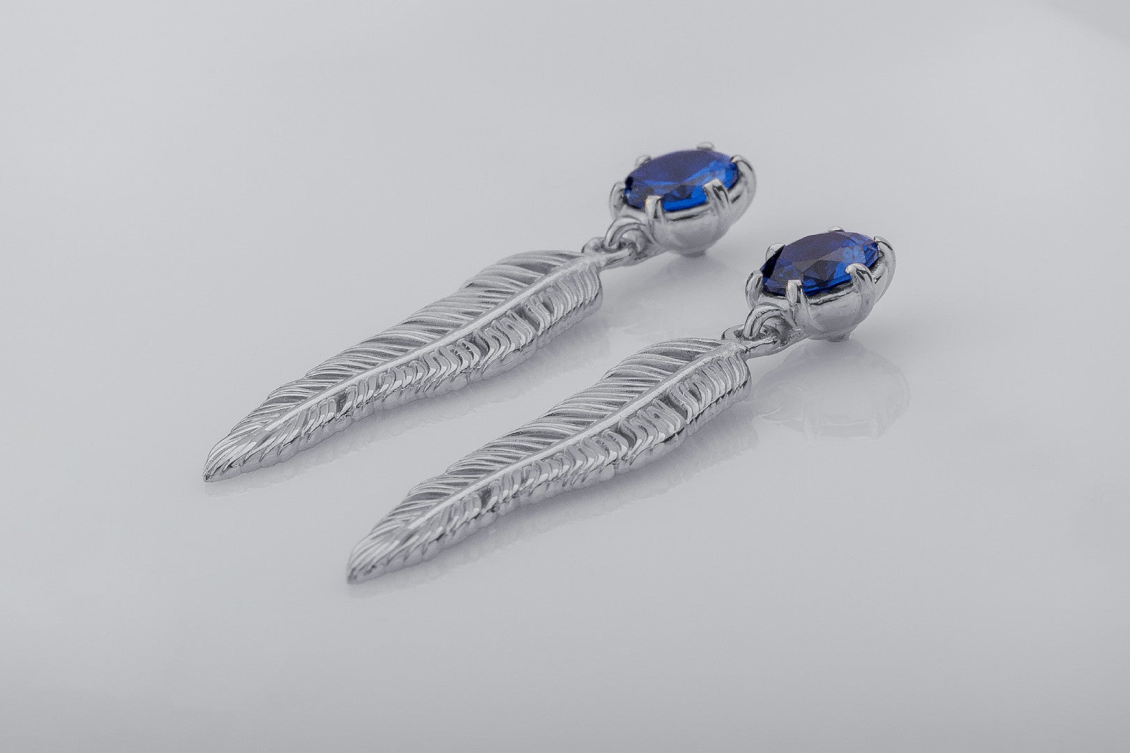 Creative Personality Feather Earrings with Blue Gems, Rhodium Plated 925 Silver - vikingworkshop