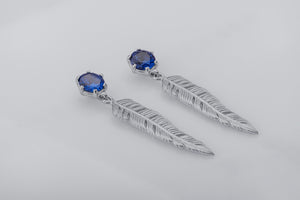 Creative Personality Feather Earrings with Blue Gems, Rhodium Plated 925 Silver - vikingworkshop