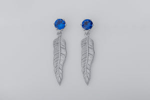 Creative Personality Feather Earrings with Blue Gems, Rhodium Plated 925 Silver - vikingworkshop