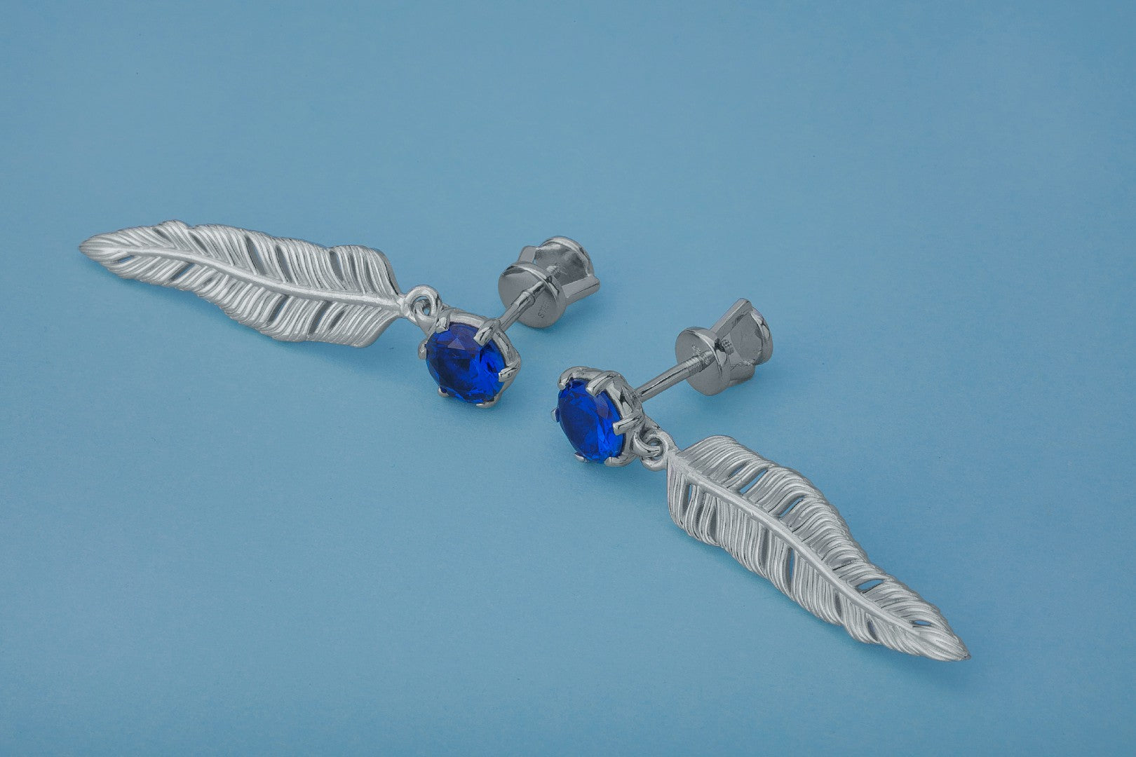 Creative Personality Feather Earrings with Blue Gems, Rhodium Plated 925 Silver - vikingworkshop