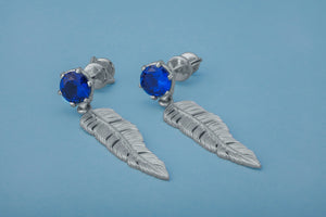 Creative Personality Feather Earrings with Blue Gems, Rhodium Plated 925 Silver - vikingworkshop