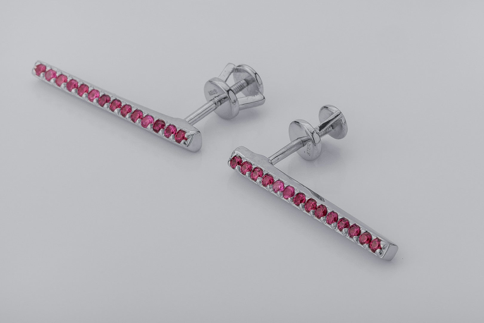 Strict Personality Earrings with Red Gems, Rhodium Plated 925 Silver - vikingworkshop