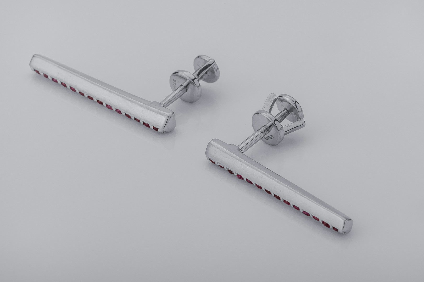 Strict Personality Earrings with Red Gems, Rhodium Plated 925 Silver - vikingworkshop