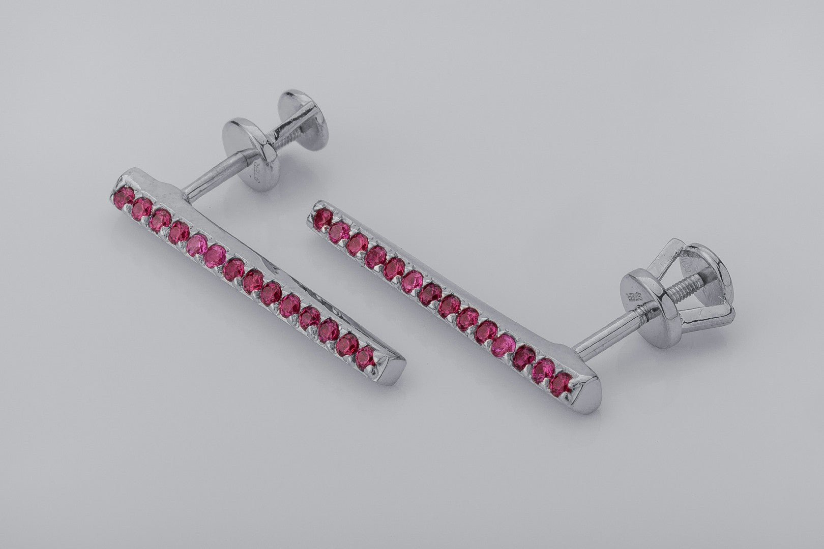 Strict Personality Earrings with Red Gems, Rhodium Plated 925 Silver - vikingworkshop